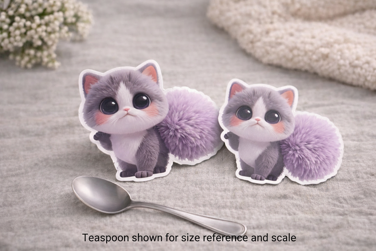 Two fluffy cat-shaped stickers next to a spoon on a textured surface.